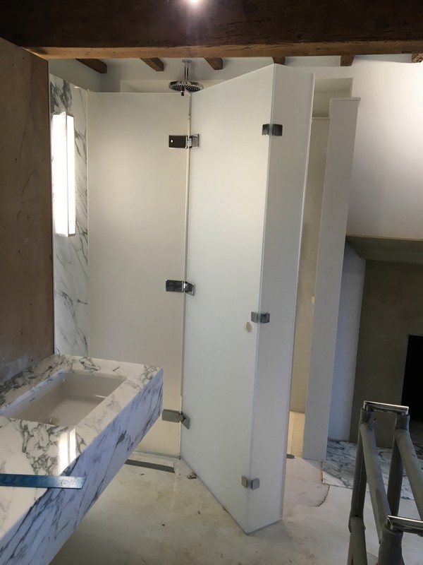 Bespoke frosted glass shower enclosure in Olney luxury bathroom